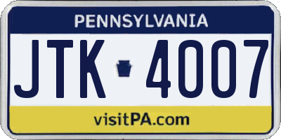 PA license plate JTK4007