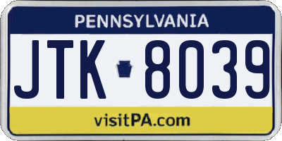 PA license plate JTK8039