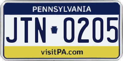 PA license plate JTN0205