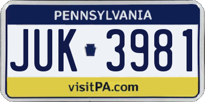 PA license plate JUK3981