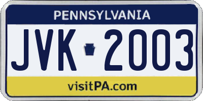 PA license plate JVK2003