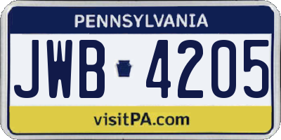 PA license plate JWB4205