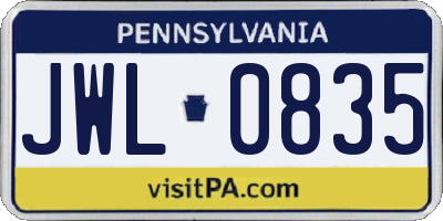 PA license plate JWL0835