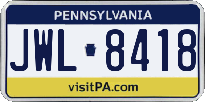 PA license plate JWL8418