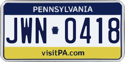 PA license plate JWN0418