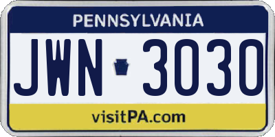 PA license plate JWN3030
