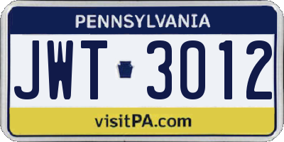 PA license plate JWT3012
