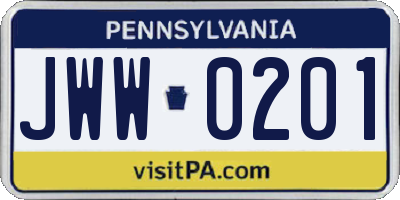 PA license plate JWW0201
