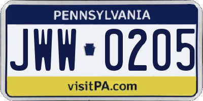 PA license plate JWW0205