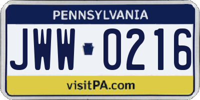 PA license plate JWW0216