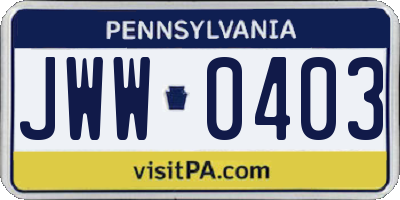 PA license plate JWW0403