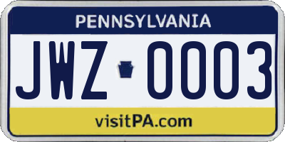 PA license plate JWZ0003