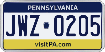 PA license plate JWZ0205