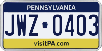 PA license plate JWZ0403