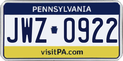 PA license plate JWZ0922