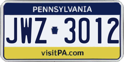 PA license plate JWZ3012