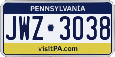 PA license plate JWZ3038
