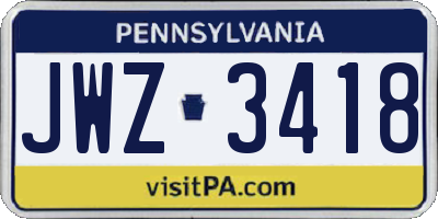 PA license plate JWZ3418