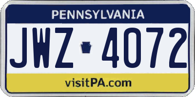 PA license plate JWZ4072