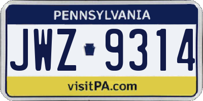 PA license plate JWZ9314