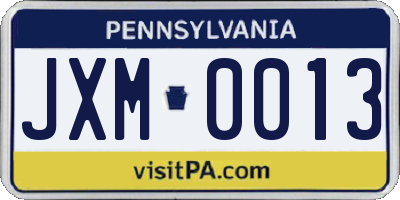 PA license plate JXM0013