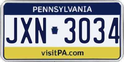 PA license plate JXN3034