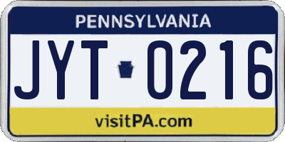 PA license plate JYT0216