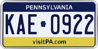 PA license plate KAE0922