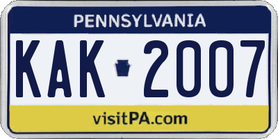PA license plate KAK2007