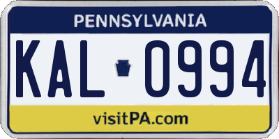 PA license plate KAL0994