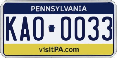 PA license plate KAO0033