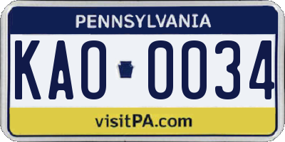 PA license plate KAO0034