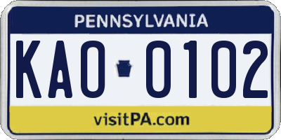 PA license plate KAO0102
