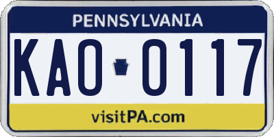 PA license plate KAO0117