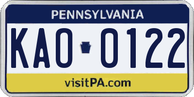 PA license plate KAO0122