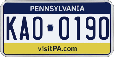 PA license plate KAO0190