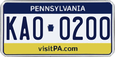 PA license plate KAO0200