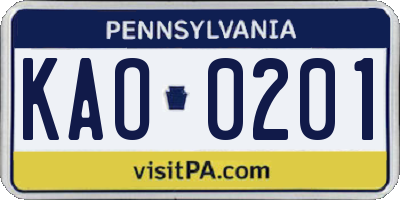 PA license plate KAO0201