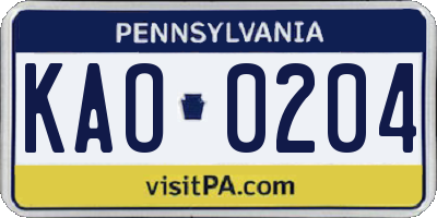 PA license plate KAO0204