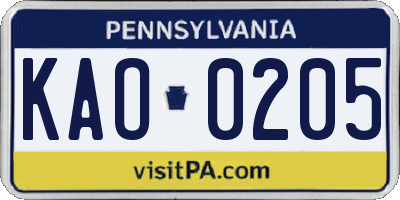 PA license plate KAO0205