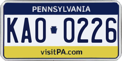 PA license plate KAO0226