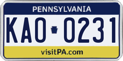 PA license plate KAO0231