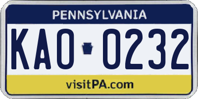 PA license plate KAO0232