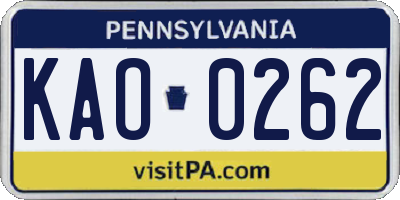 PA license plate KAO0262