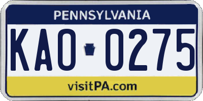 PA license plate KAO0275