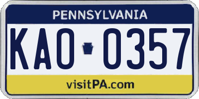 PA license plate KAO0357