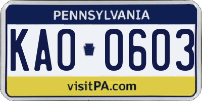PA license plate KAO0603