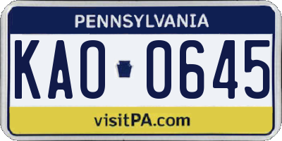 PA license plate KAO0645