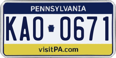 PA license plate KAO0671