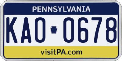 PA license plate KAO0678